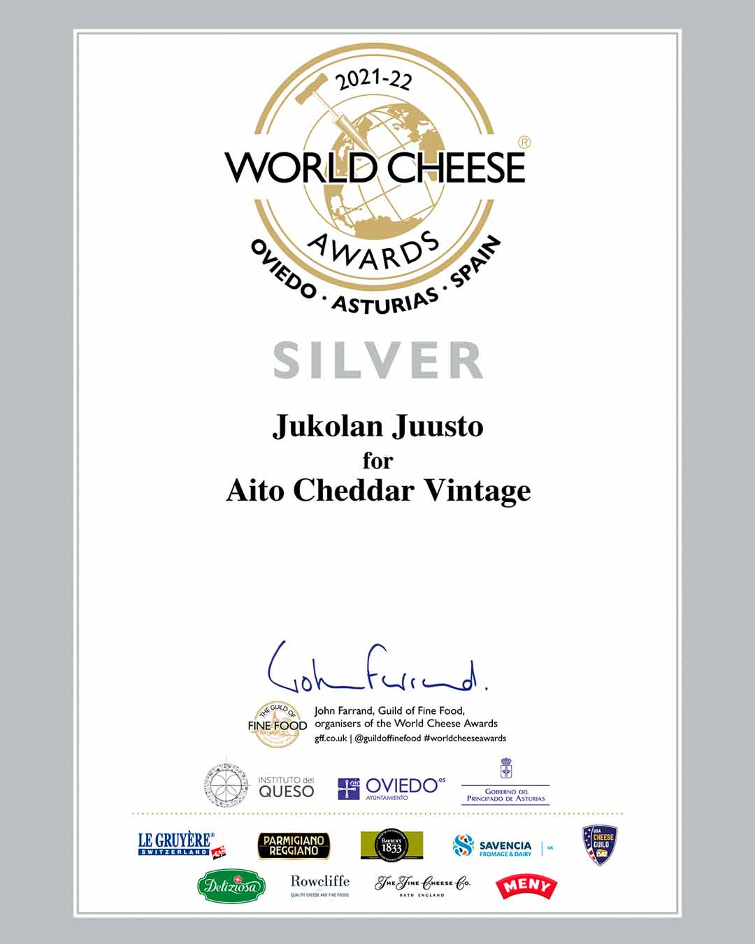 World Cheese Award -palkinto Aito Cheddar Vintagelle